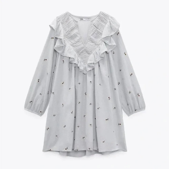 Zara Daisy Floral Embroidered Ruffle Neckline Cotton Mini Dress Light Blue XS - Picture 6 of 11